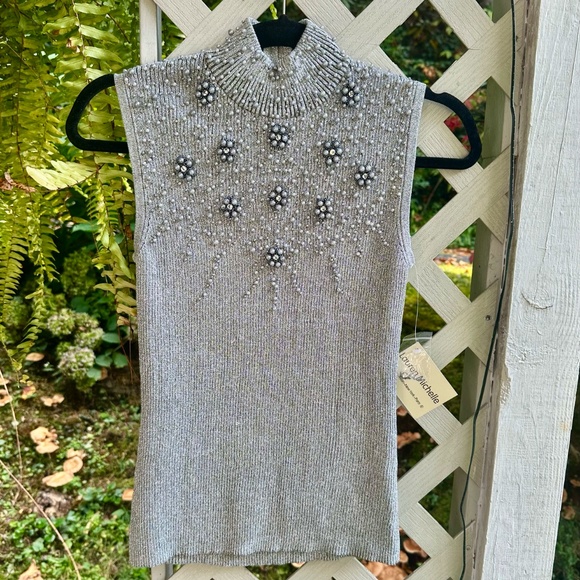 NWT Lauren Michelle Silver Metallic Mock Neck Beaded Sleeveless Tank Sz. Small - Picture 3 of 13